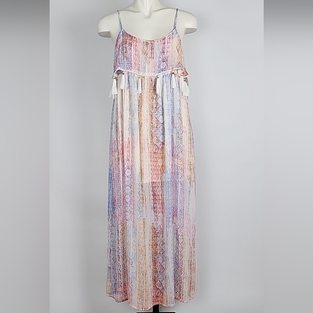 Design Lab Lord & Taylor Sleeveless Maxi Dress Pastel Multi Print Tassles Size M